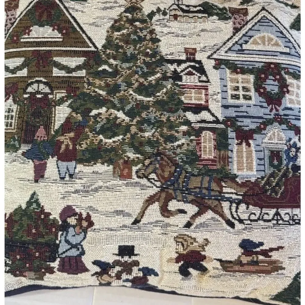Christmas Scene Tapestry Throw Pillow Shops Holiday Town Winter Sleigh Snow